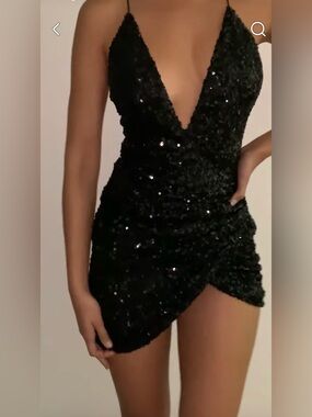 Oh Polly Black Sequin Deep V Mini Dress